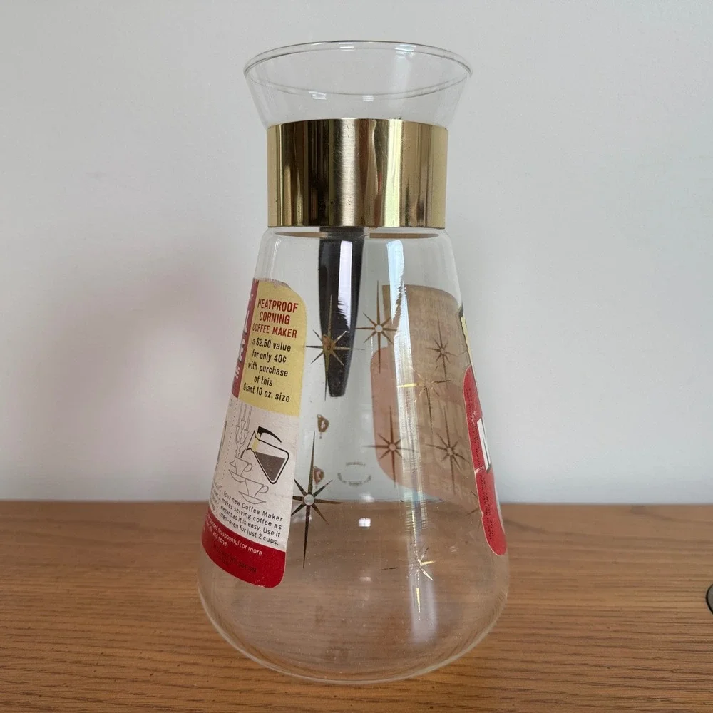 Vintage Maxwell House Corning Glass Coffee Carafe Atomic Gold Starburst MCM 10oz